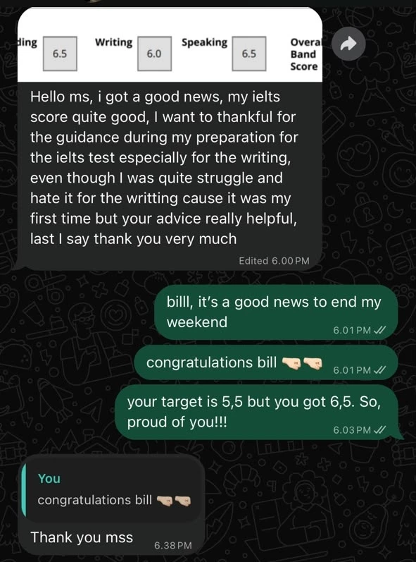 Percakapan peserta tentang hasil IELTS dan manfaat latihan Writing